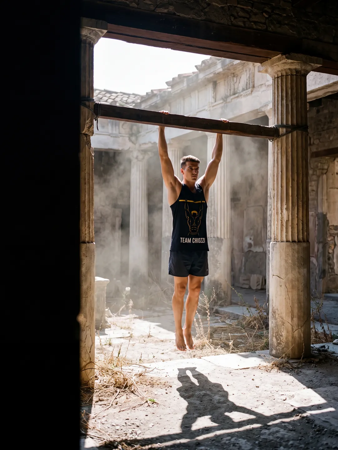 Atleta del Team Chiozzi in sospensione a una trave di legno tra le colonne di una rovina greca, luce dall'alto e polvere